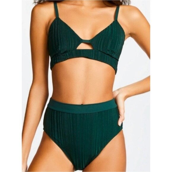 NEW Tavik Pernille High Waisted Bikini Bottom L Pine Green Metallic Stripe Swim - Picture 1 of 11